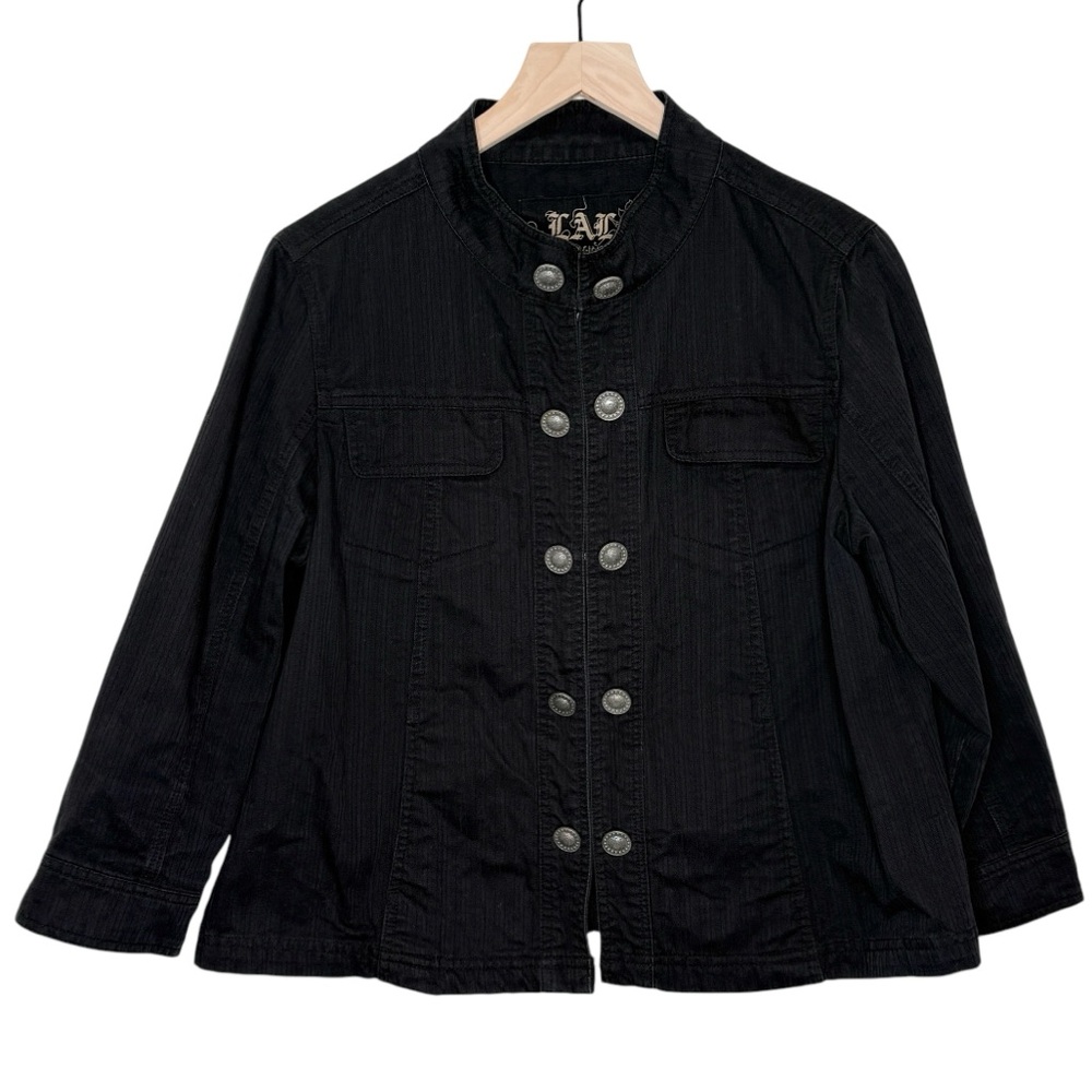 Black Denim Jacket Blazer Western Cowboy Silver Concho Floral Buttons Large